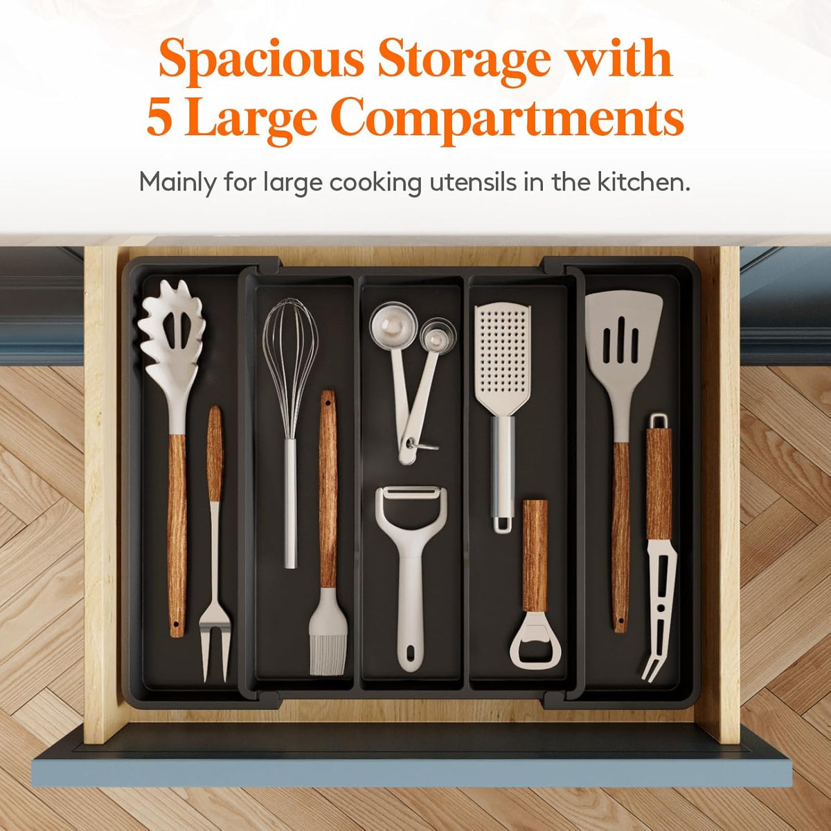 Utensil Organizer for Kitchen Drawers, Expandable Cooking Utensil Tray, Adjustable Cutlery Silverware Flatware Holder, Plastic Spatula Tools Storage Divider, 13-22 x 15", Black