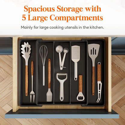 Utensil Organizer for Kitchen Drawers, Expandable Cooking Utensil Tray, Adjustable Cutlery Silverware Flatware Holder, Plastic Spatula Tools Storage Divider, 13-22 x 15", Black