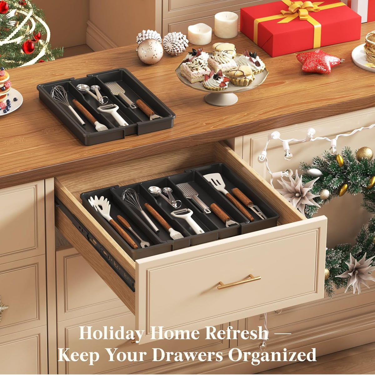 Utensil Organizer for Kitchen Drawers, Expandable Cooking Utensil Tray, Adjustable Cutlery Silverware Flatware Holder, Plastic Spatula Tools Storage Divider, 13-22 x 15", Black