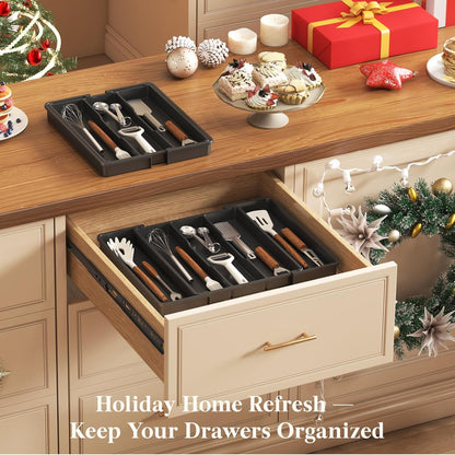 Utensil Organizer for Kitchen Drawers, Expandable Cooking Utensil Tray, Adjustable Cutlery Silverware Flatware Holder, Plastic Spatula Tools Storage Divider, 13-22 x 15", Black