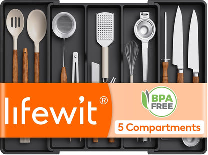 Utensil Organizer for Kitchen Drawers, Expandable Cooking Utensil Tray, Adjustable Cutlery Silverware Flatware Holder, Plastic Spatula Tools Storage Divider, 13-22 x 15", Black
