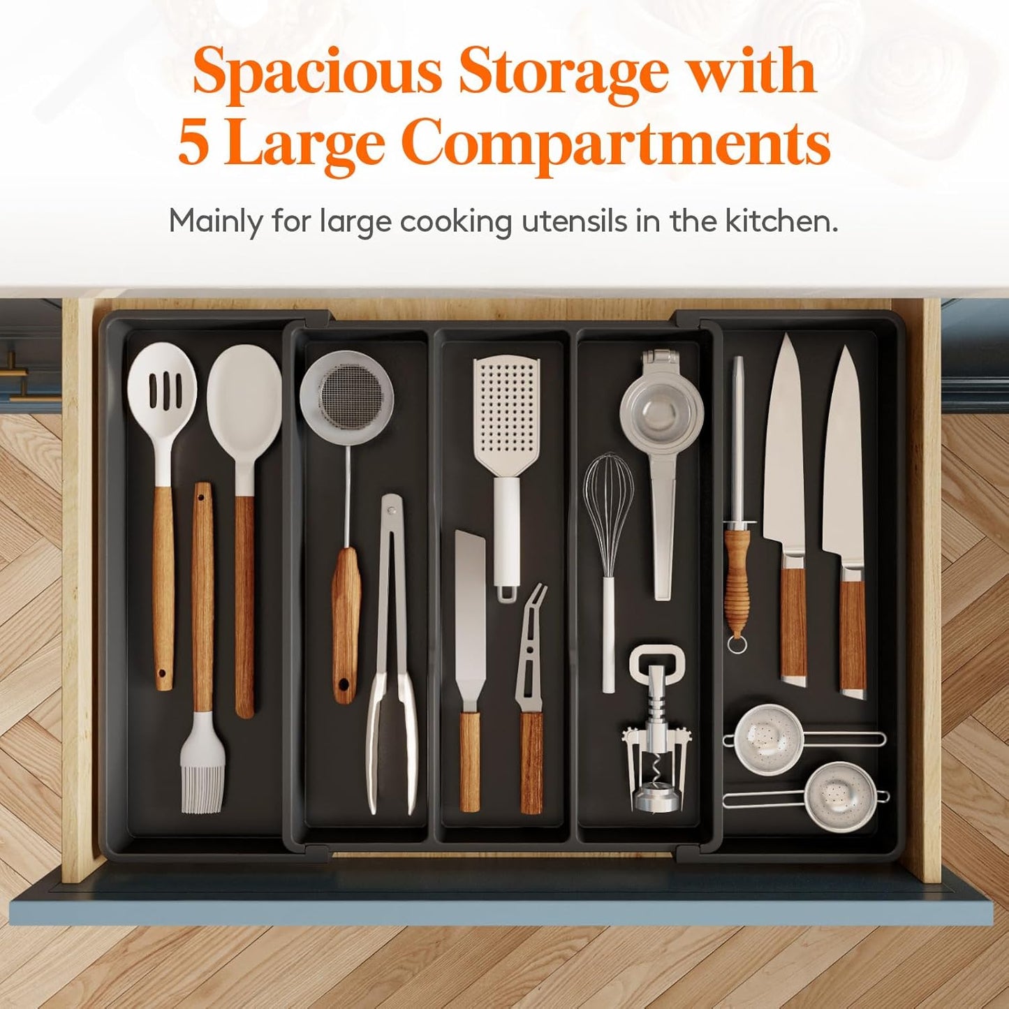 Utensil Organizer for Kitchen Drawers, Expandable Cooking Utensil Tray, Adjustable Cutlery Silverware Flatware Holder, Plastic Spatula Tools Storage Divider, 13-22 x 15", Black