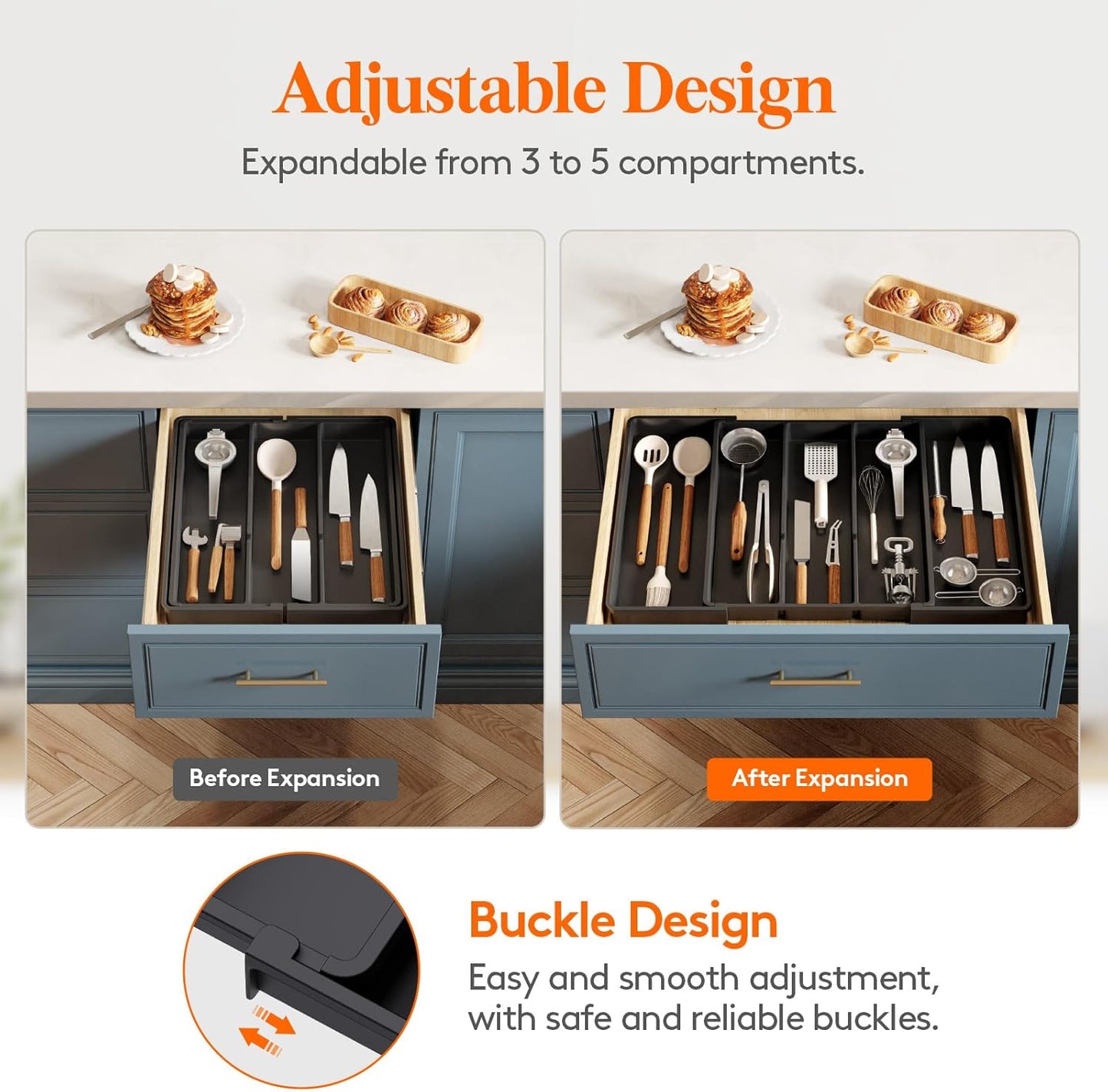 Utensil Organizer for Kitchen Drawers, Expandable Cooking Utensil Tray, Adjustable Cutlery Silverware Flatware Holder, Plastic Spatula Tools Storage Divider, 13-22 x 15", Black