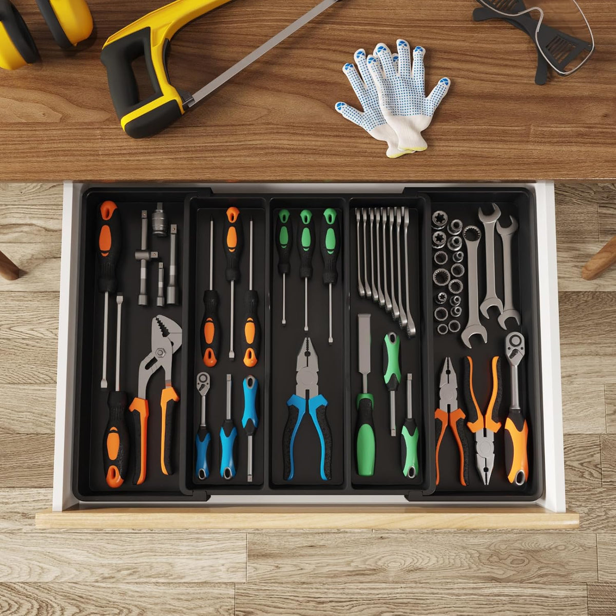 Utensil Organizer for Kitchen Drawers, Expandable Cooking Utensil Tray, Adjustable Cutlery Silverware Flatware Holder, Plastic Spatula Tools Storage Divider, 13-22 x 15", Black