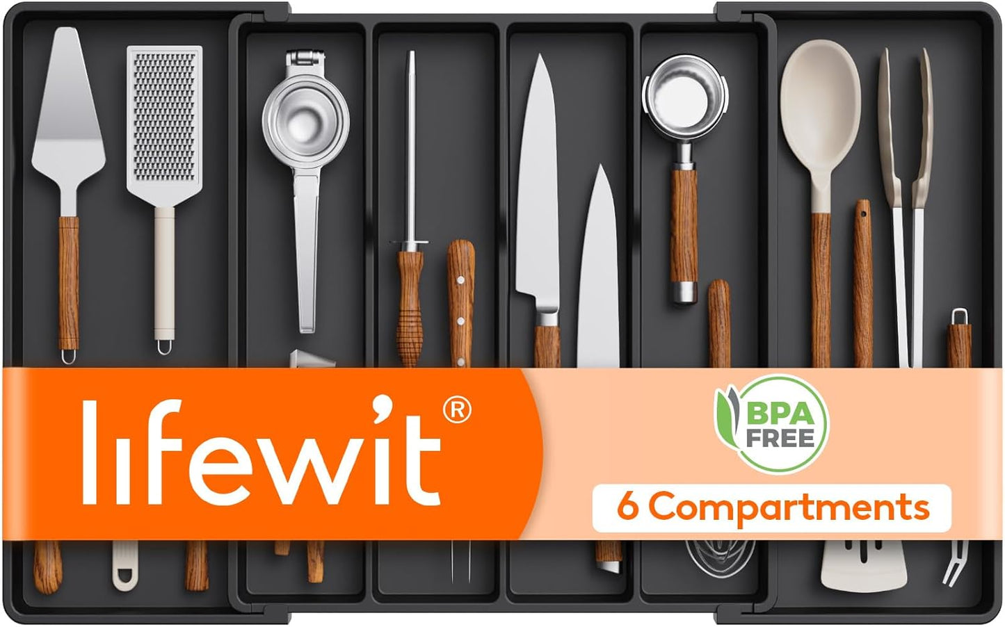 Utensil Organizer for Kitchen Drawers, Expandable Cooking Utensil Tray, Adjustable Cutlery Silverware Flatware Holder, Plastic Spatula Tools Storage Divider, 13-22 x 15", Black