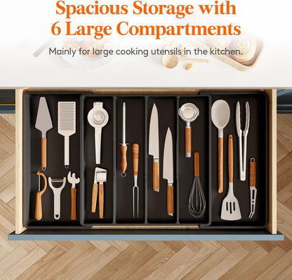 Utensil Organizer for Kitchen Drawers, Expandable Cooking Utensil Tray, Adjustable Cutlery Silverware Flatware Holder, Plastic Spatula Tools Storage Divider, 13-22 x 15", Black