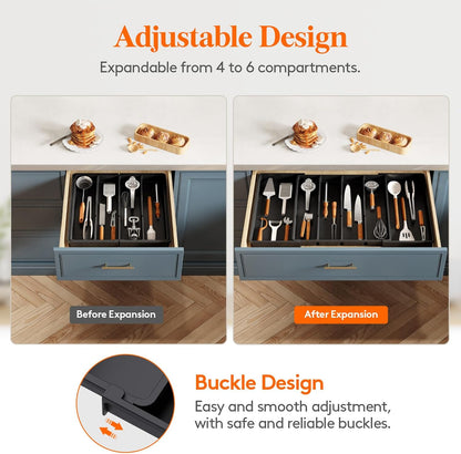 Utensil Organizer for Kitchen Drawers, Expandable Cooking Utensil Tray, Adjustable Cutlery Silverware Flatware Holder, Plastic Spatula Tools Storage Divider, 13-22 x 15", Black