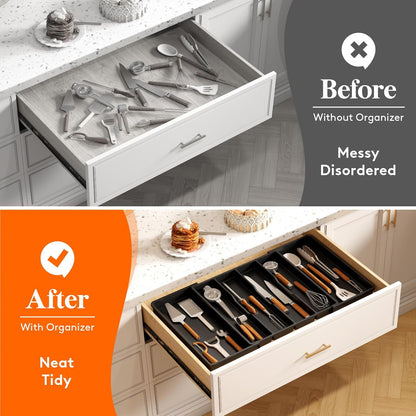Utensil Organizer for Kitchen Drawers, Expandable Cooking Utensil Tray, Adjustable Cutlery Silverware Flatware Holder, Plastic Spatula Tools Storage Divider, 13-22 x 15", Black