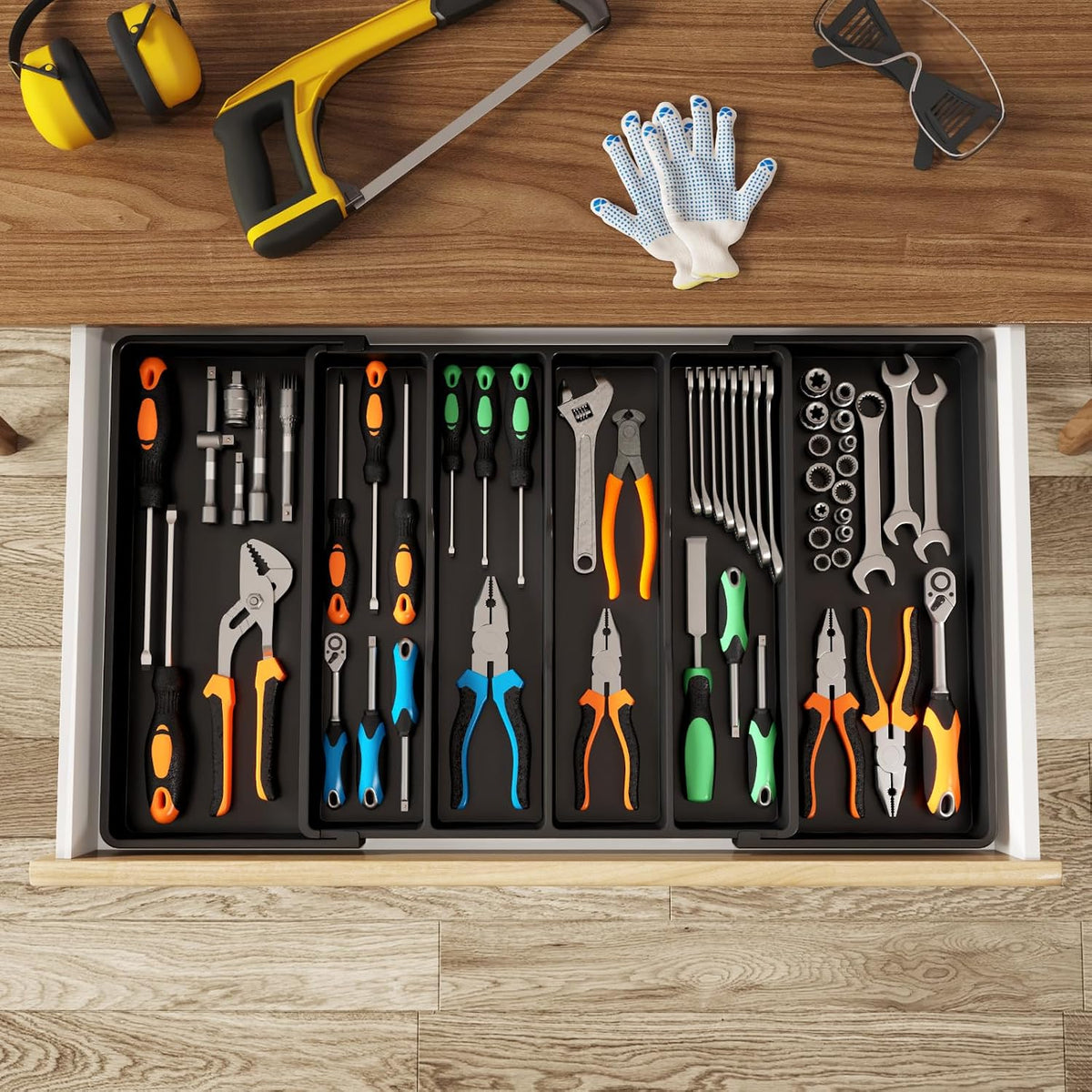 Utensil Organizer for Kitchen Drawers, Expandable Cooking Utensil Tray, Adjustable Cutlery Silverware Flatware Holder, Plastic Spatula Tools Storage Divider, 13-22 x 15", Black