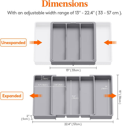 Utensil Organizer for Kitchen Drawers, Expandable Cooking Utensil Tray, Adjustable Cutlery Silverware Flatware Holder, Plastic Spatula Tools Storage Divider, 13-22 x 15", Black