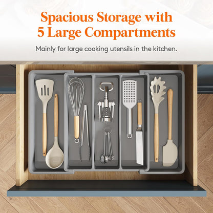 Utensil Organizer for Kitchen Drawers, Expandable Cooking Utensil Tray, Adjustable Cutlery Silverware Flatware Holder, Plastic Spatula Tools Storage Divider, 13-22 x 15", Black