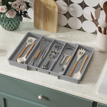 Utensil Organizer for Kitchen Drawers, Expandable Cooking Utensil Tray, Adjustable Cutlery Silverware Flatware Holder, Plastic Spatula Tools Storage Divider, 13-22 x 15", Black