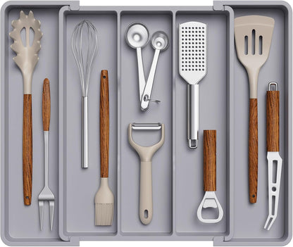 Utensil Organizer for Kitchen Drawers, Expandable Cooking Utensil Tray, Adjustable Cutlery Silverware Flatware Holder, Plastic Spatula Tools Storage Divider, 13-22 x 15", Black