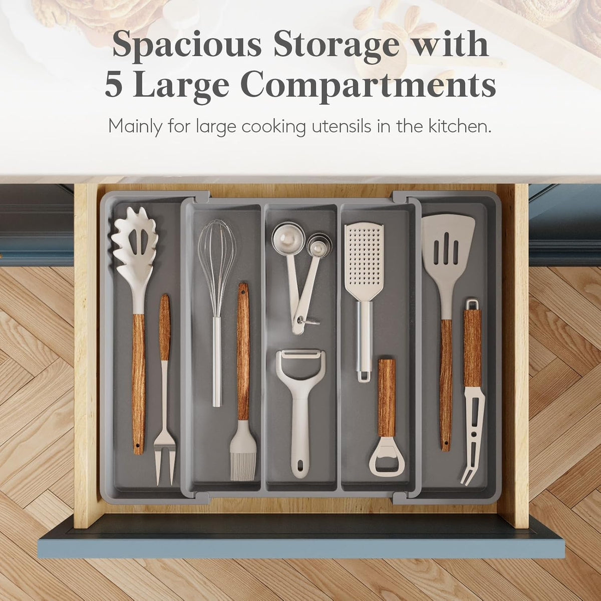 Utensil Organizer for Kitchen Drawers, Expandable Cooking Utensil Tray, Adjustable Cutlery Silverware Flatware Holder, Plastic Spatula Tools Storage Divider, 13-22 x 15", Black