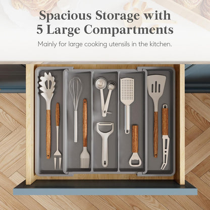 Utensil Organizer for Kitchen Drawers, Expandable Cooking Utensil Tray, Adjustable Cutlery Silverware Flatware Holder, Plastic Spatula Tools Storage Divider, 13-22 x 15", Black