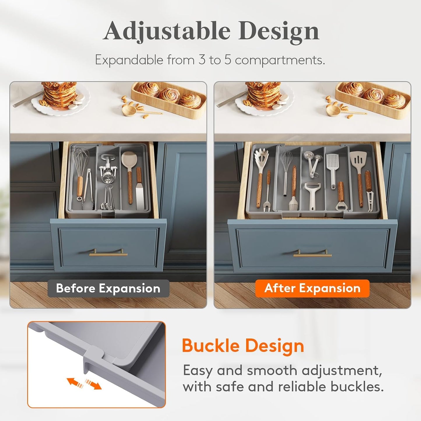 Utensil Organizer for Kitchen Drawers, Expandable Cooking Utensil Tray, Adjustable Cutlery Silverware Flatware Holder, Plastic Spatula Tools Storage Divider, 13-22 x 15", Black