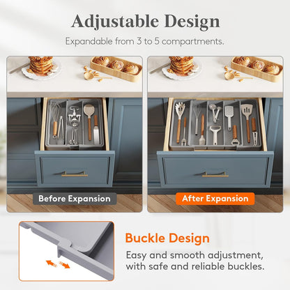 Utensil Organizer for Kitchen Drawers, Expandable Cooking Utensil Tray, Adjustable Cutlery Silverware Flatware Holder, Plastic Spatula Tools Storage Divider, 13-22 x 15", Black