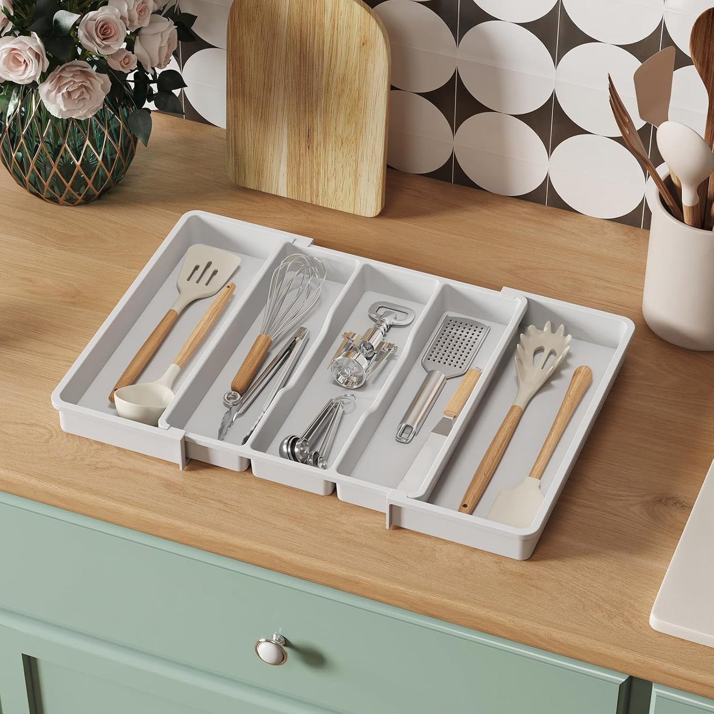Utensil Organizer for Kitchen Drawers, Expandable Cooking Utensil Tray, Adjustable Cutlery Silverware Flatware Holder, Plastic Spatula Tools Storage Divider, 13-22 x 15", Black