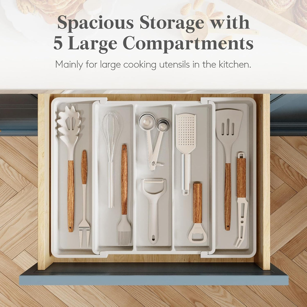 Utensil Organizer for Kitchen Drawers, Expandable Cooking Utensil Tray, Adjustable Cutlery Silverware Flatware Holder, Plastic Spatula Tools Storage Divider, 13-22 x 15", Black