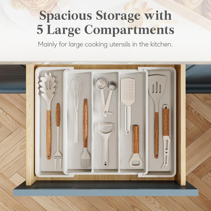 Utensil Organizer for Kitchen Drawers, Expandable Cooking Utensil Tray, Adjustable Cutlery Silverware Flatware Holder, Plastic Spatula Tools Storage Divider, 13-22 x 15", Black