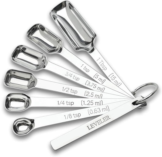 Stainless Steel Teaspoon Measuring Spoons Set of 7 with Leveler | Long Handle Rectangular Metal Teaspoon Tablespoon for Measuring Kitchen Spice, Dry & Liquid Ingredients