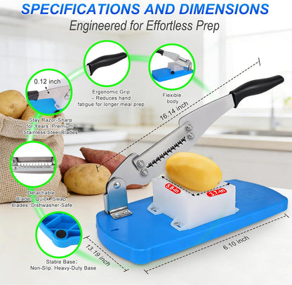 French Fry Cutter for Potatoes, Mandoline Slicer for Uniform Slices & Vegetable Chopper, Professional Potato Slicer with Comfort Handle and Stainless Steel Blade for Easy Homemade Fries/Chips
