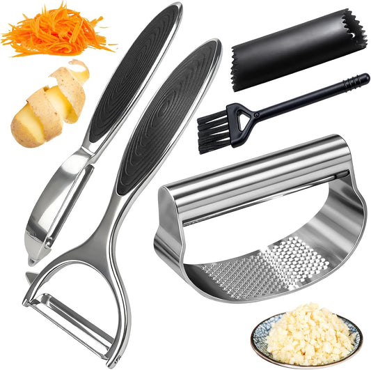 Garlic Press Rocker Set Stainless Steel And All-in-One Kitchen Vegetable Peeler, Premium peelers For Kitchen - Ideal For Potato, Apple, Carrot, Fruit And More