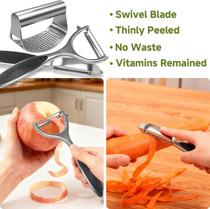 Garlic Press Rocker Set Stainless Steel And All-in-One Kitchen Vegetable Peeler, Premium peelers For Kitchen - Ideal For Potato, Apple, Carrot, Fruit And More