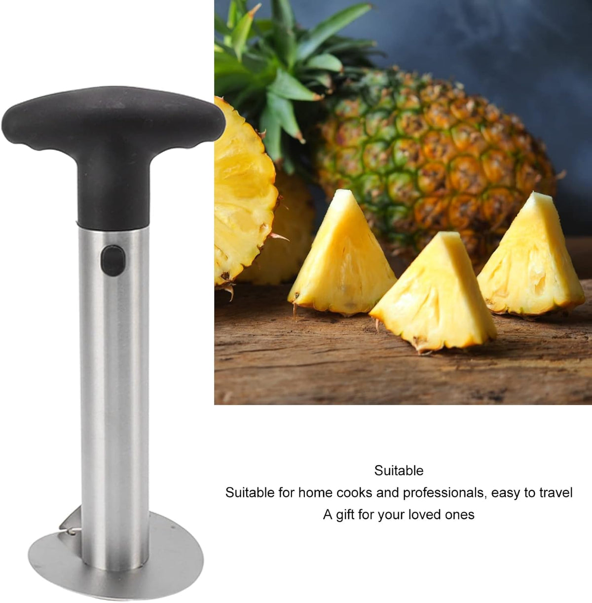 Pineapple Corer, Stainless Steel Pineapple Corer and Slicer, Portable Pineapple Cutter, Pineapple Spears with Black Handle for Diced Pineapple Rings