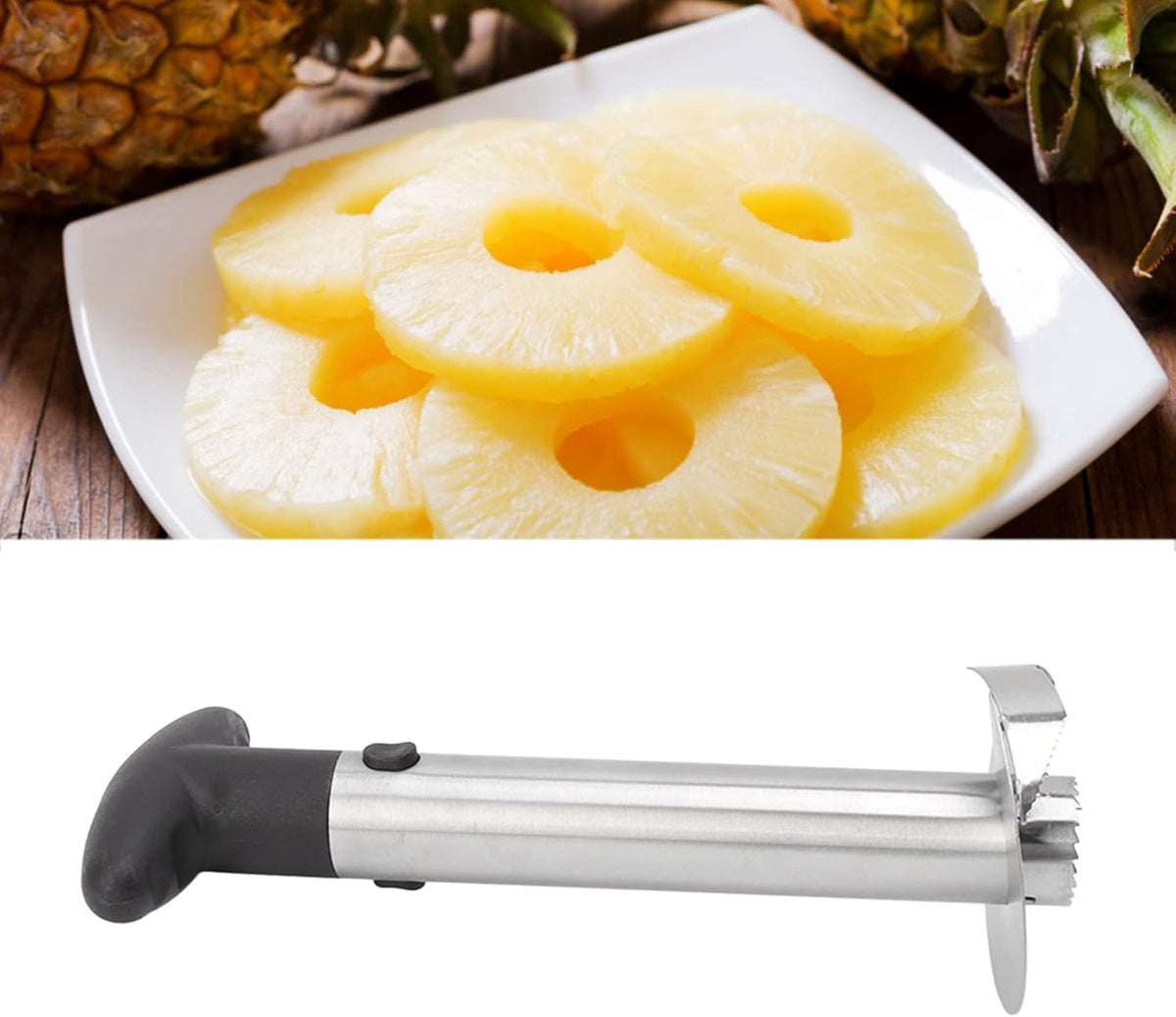 Pineapple Corer, Stainless Steel Pineapple Corer and Slicer, Portable Pineapple Cutter, Pineapple Spears with Black Handle for Diced Pineapple Rings