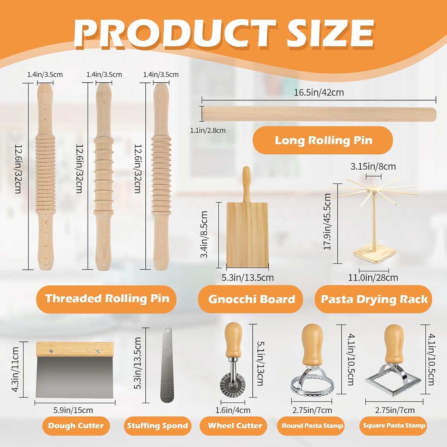 3 Size Pasta Making Tools, 11Pcs Wooden Pasta Making Kit with 3 Size Threaded Rolling Pins, Long Rolling Pin, Rotatable Pasta Drying Rack, Gnocchi Board, Dough Cutter, Wheel Cutter, 2 Stamps