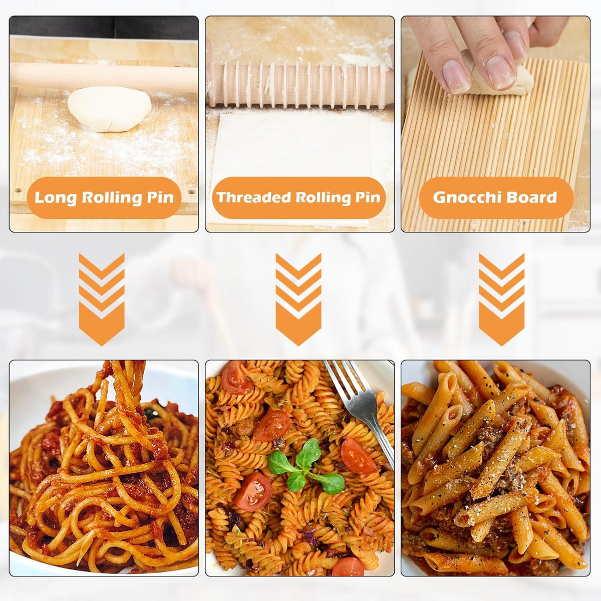 3 Size Pasta Making Tools, 11Pcs Wooden Pasta Making Kit with 3 Size Threaded Rolling Pins, Long Rolling Pin, Rotatable Pasta Drying Rack, Gnocchi Board, Dough Cutter, Wheel Cutter, 2 Stamps