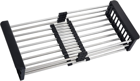 Over The Sink Dish Drying Rack, Stainless Steel Expandable Telescopic Drain Basket with Adjustable Arms - Functional Kitchen Sink Organizer for Dishes, Vegetables & Fruits (Large, Black)