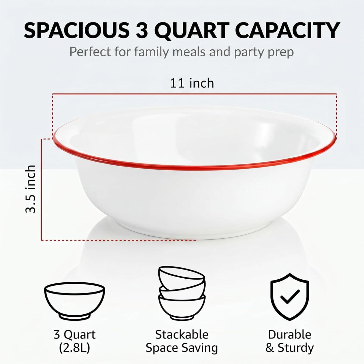 2 Pack 3 Quart Large Enamel Serving Bowl, 11" Unbreakable Vintage Metal Enamel Mixing Bowl, White and Red Kitchen Enamelware for Fruit, Salad, Pasta
