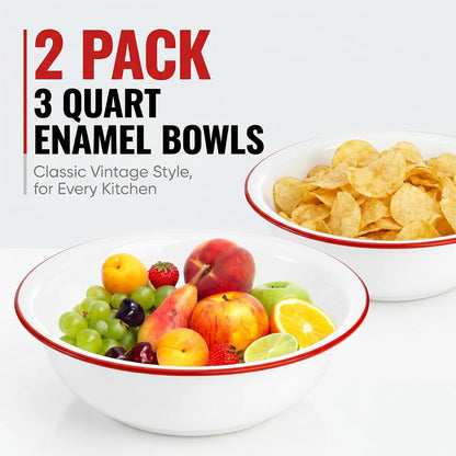 2 Pack 3 Quart Large Enamel Serving Bowl, 11" Unbreakable Vintage Metal Enamel Mixing Bowl, White and Red Kitchen Enamelware for Fruit, Salad, Pasta