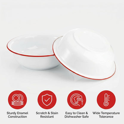2 Pack 3 Quart Large Enamel Serving Bowl, 11" Unbreakable Vintage Metal Enamel Mixing Bowl, White and Red Kitchen Enamelware for Fruit, Salad, Pasta