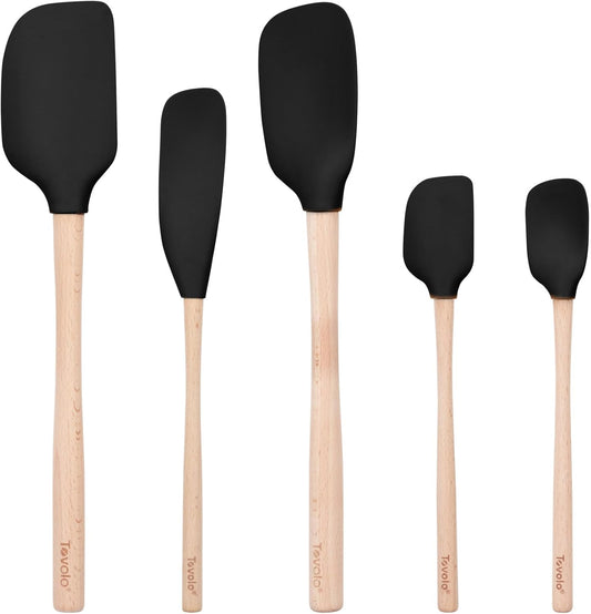 Silicone Spatula with Wooden Handle Set of 5 Piece Silicone Kitchen Utensil Set Spoonula Jar Scraper Mini Spatula and Spoonula for Cooking Baking Mixing Folding Black Cookware Set