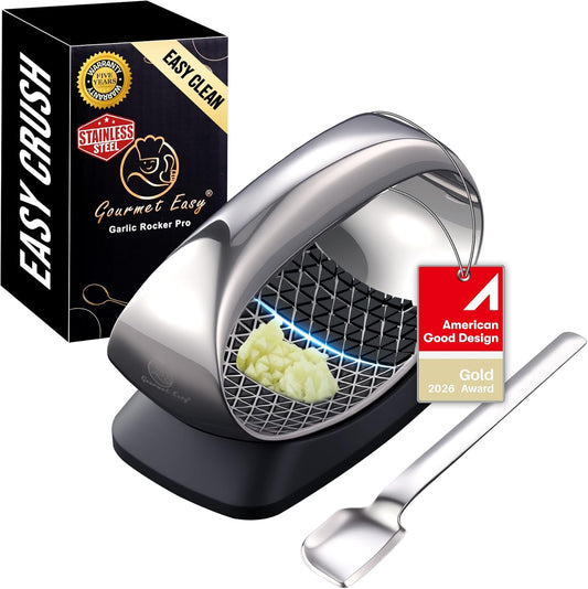 Stainless Steel Garlic Press Rocker with Eject Base & Scraper | Innovative 3D Cutting, Easy Crush & Clean Garlic Mincer, Premium Garlic Tool with Ergonomic Grip, 5-Year Warranty
