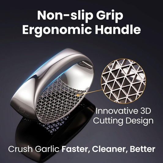 Stainless Steel Garlic Press Rocker with Eject Base & Scraper | Innovative 3D Cutting, Easy Crush & Clean Garlic Mincer, Premium Garlic Tool with Ergonomic Grip, 5-Year Warranty
