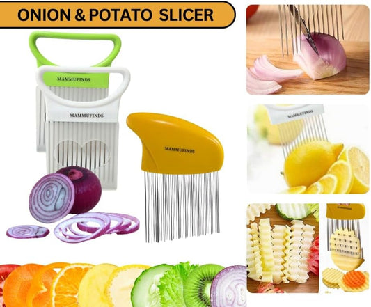 Potato slicer & Kitchen Gadgets, 1 Crinkle Cutter, 1 Onion Slicer, Stainless Steel Onion Holder, Vegetable, Avocado, Tomato,Mandoline Slicer, Fruit Cutter, wavy crinkle cutter for veggies