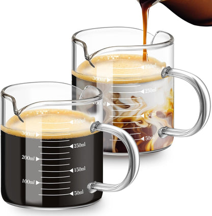 2 Pcs 8oz Espresso Cups, Glass Measuring Cups with Double Spouts & Handle, Milk Frothed Cup Coffee Bars Accessories for Machine, Scale Glass Jars for Coffee, Water, Yogurt, Juice, Oil, 250ml