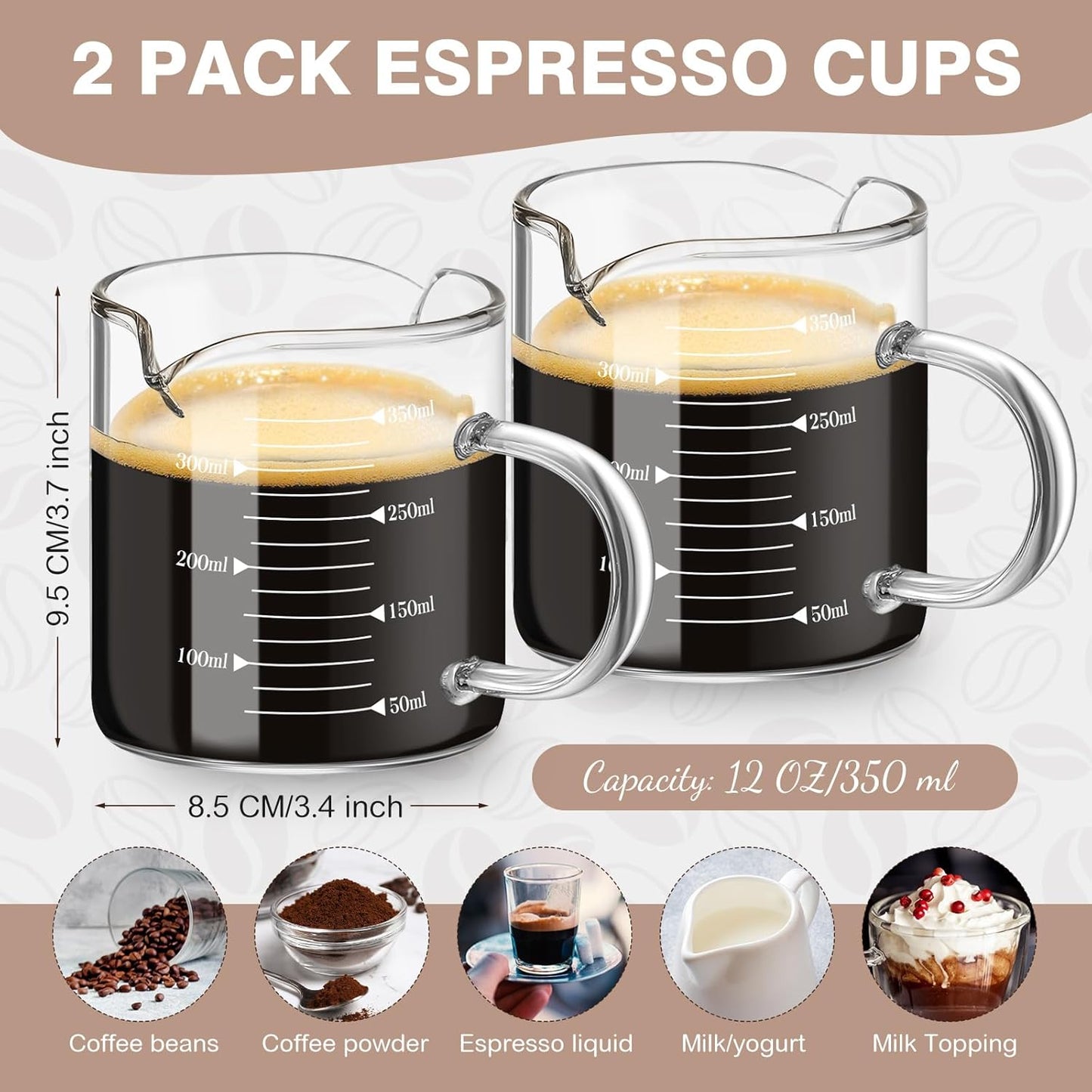 2 Pcs 8oz Espresso Cups, Glass Measuring Cups with Double Spouts & Handle, Milk Frothed Cup Coffee Bars Accessories for Machine, Scale Glass Jars for Coffee, Water, Yogurt, Juice, Oil, 250ml
