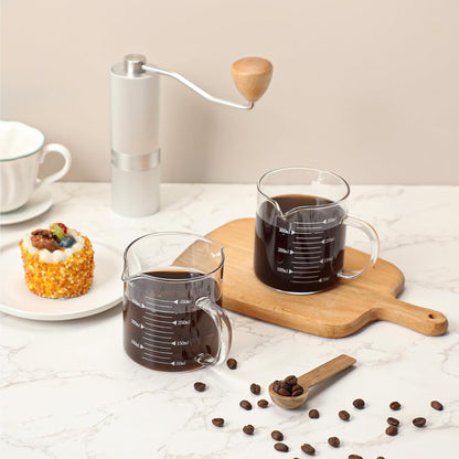 2 Pcs 8oz Espresso Cups, Glass Measuring Cups with Double Spouts & Handle, Milk Frothed Cup Coffee Bars Accessories for Machine, Scale Glass Jars for Coffee, Water, Yogurt, Juice, Oil, 250ml
