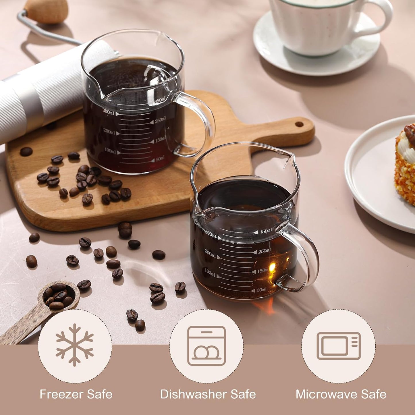 2 Pcs 8oz Espresso Cups, Glass Measuring Cups with Double Spouts & Handle, Milk Frothed Cup Coffee Bars Accessories for Machine, Scale Glass Jars for Coffee, Water, Yogurt, Juice, Oil, 250ml
