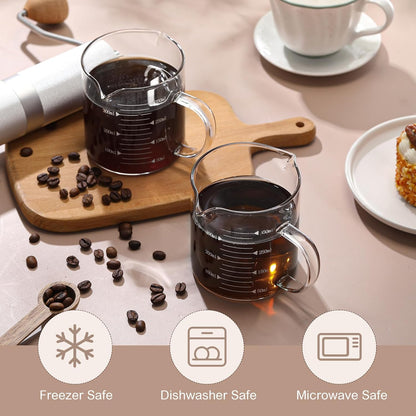 2 Pcs 8oz Espresso Cups, Glass Measuring Cups with Double Spouts & Handle, Milk Frothed Cup Coffee Bars Accessories for Machine, Scale Glass Jars for Coffee, Water, Yogurt, Juice, Oil, 250ml