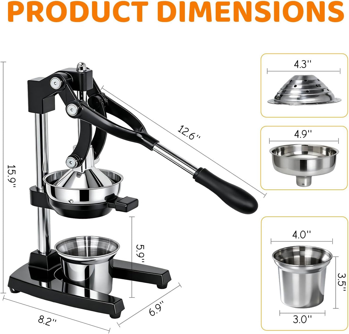 Cast Iron Juicer Heavy Duty Manual Juicer Easy to Clean, Oranges, Lemons, Pomegranates Cast Iron Juicer Manual Hand Press Citrus Squeezer with Stainless Steel Cup Black
