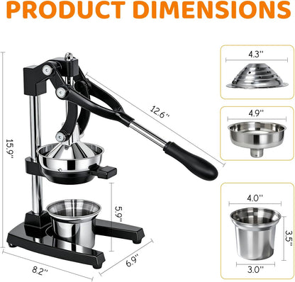 Cast Iron Juicer Heavy Duty Manual Juicer Easy to Clean, Oranges, Lemons, Pomegranates Cast Iron Juicer Manual Hand Press Citrus Squeezer with Stainless Steel Cup Black