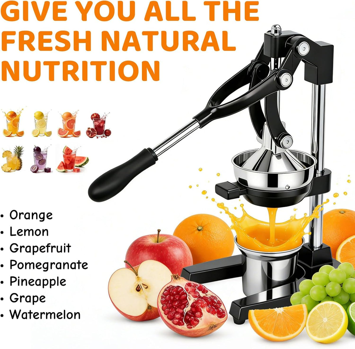 Cast Iron Juicer Heavy Duty Manual Juicer Easy to Clean, Oranges, Lemons, Pomegranates Cast Iron Juicer Manual Hand Press Citrus Squeezer with Stainless Steel Cup Black