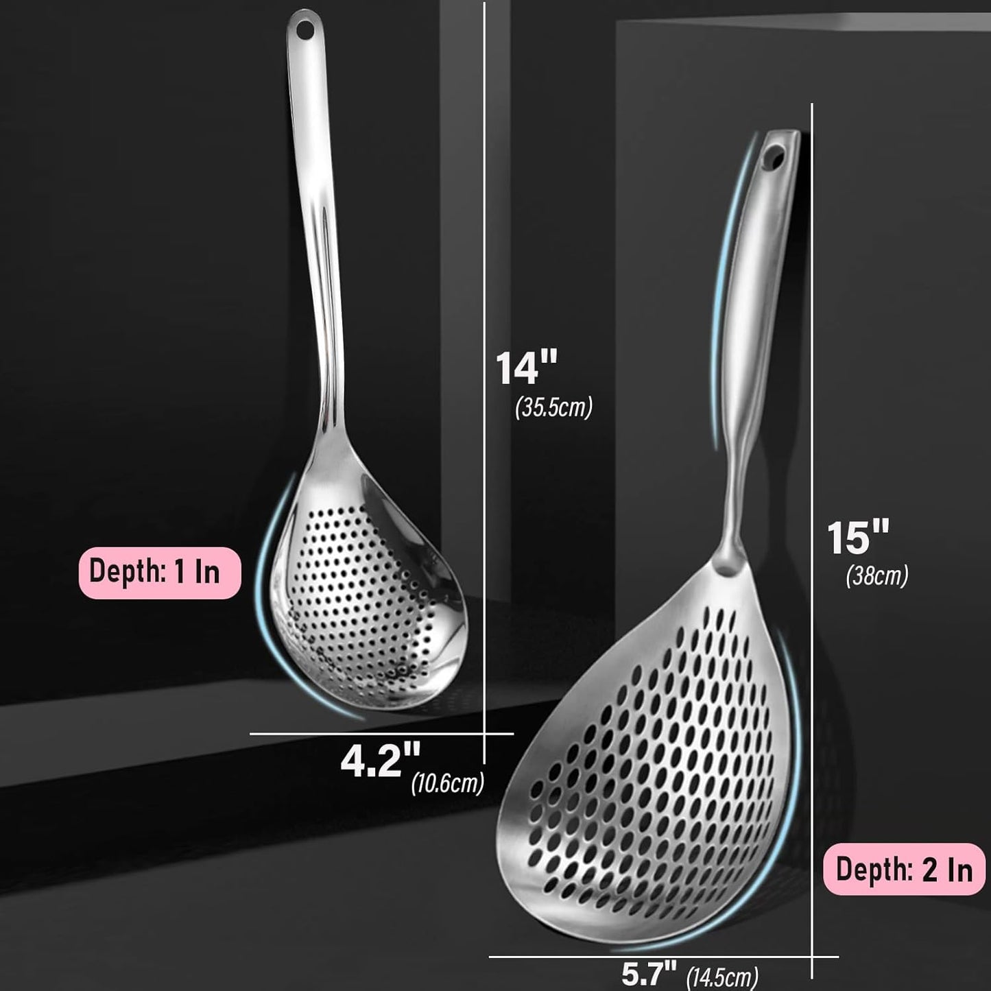 Skimmer Slotted Spoon, 2 Pack Stainless Steel Pasta Spider Strainer Ladle for Frying and Cooking, Frying Strainer Spoon, Kitchen Cooking Skimmer Colander