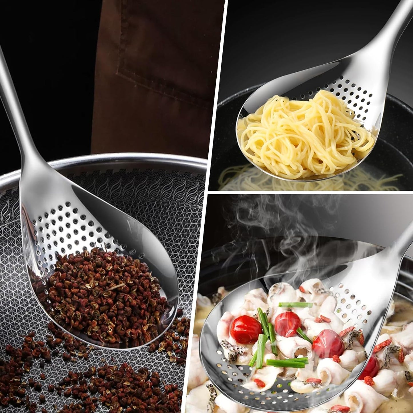 Skimmer Slotted Spoon, 2 Pack Stainless Steel Pasta Spider Strainer Ladle for Frying and Cooking, Frying Strainer Spoon, Kitchen Cooking Skimmer Colander